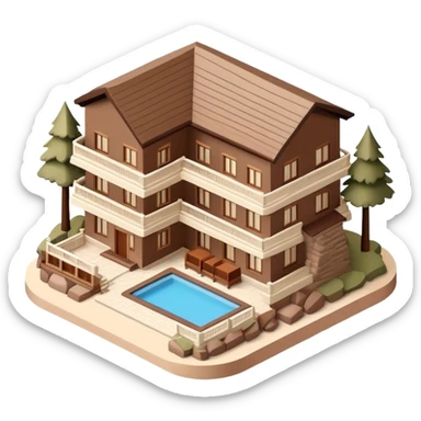 Isometric exterior brown and beige national parks hotel lodge, dollhouse style 3D realistic  sticker