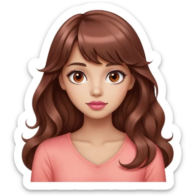 cute woman, light tan skin, big dark brown eyes, very long wavy auburn hair, bangs, pink top, coral lipstick sticker