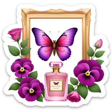 "With vibrant Tyrian Purple and Jasper Red wings, a butterfly flutters near an elegant Rosewater Pink perfume bottle. Misty Rose pansies surround the setting, adding a touch of gentle floral beauty." sticker