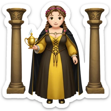 Helga Hufflepuff,brown-haired,2 braids,yellow-black medieval open dress,deep neckline,fat macromastia,black cloak decorated with gold braiding,gold cup with two handles,very kind smile,curvy busty sweet woman,round rosy cheeks,full length with medieval shoes sticker