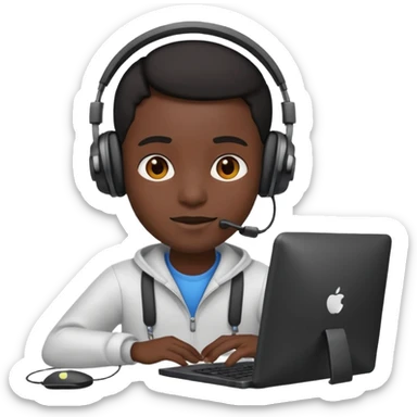 developer emoji, person with headphones and computer, black skin tone sticker