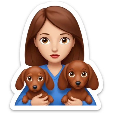 White woman with medium length brown hair and blue eyes holding a red dashound sticker