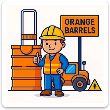 Add a friendly cartoon construction worker standing next to the orange road construction barrel and the 'Orange Barrels' sign. The worker should wear a yellow hard hat and a safety vest, matching the playful, bright cartoon scene. sticker