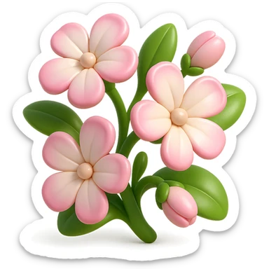 3D iOS-style cartoon soapwort (Saponaria) flowers, extra volumetric and rounded, petals with pink edges and white centers, big green leaves, playful proportions, soft lighting, glossy effect, no background, no face or smile, in GPT Image style sticker
