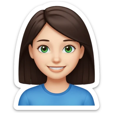 Create a girl with dark brown straight hair and bluey green eyes, cartoon emoji sticker