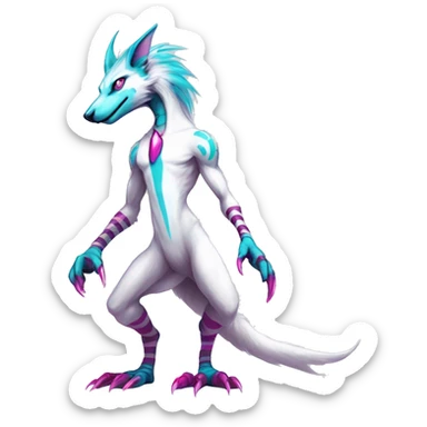 White elegant beautiful natural cute badass epic anthro modern albino sergal-vernid-Fakémon with cyan mane and magenta eyes with cyan edgy stripes, anthropomorphic, two-legged, digitigrade, full body sticker