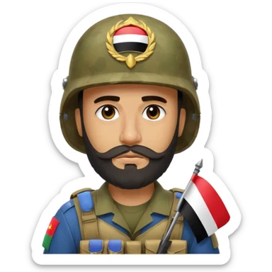 A tired and sad, swarthy Iraqi soldier with a beard, an Iraqi flag on his helmet, a sad expression and bags under his eyes sticker