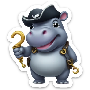 cute hippo with hook in hand like pirate sticker
