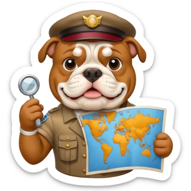 English bulldog with a tour guide badge and map sticker