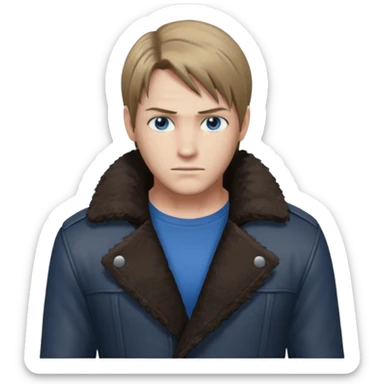 Leon Kennedy from resident evil 4 remake in sheepskin coat and black t-shirt blue eyes clean-shaved sticker
