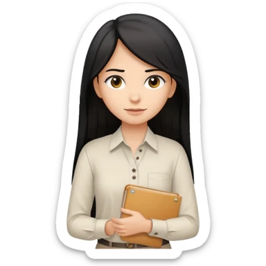 a light tan woman with long black hair past mid-back, round brown eyes, white button up v shirt, and manila folder in her hands. sticker