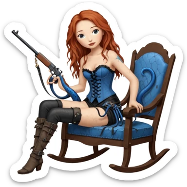 realistic cinematic Tori Amos sits on a rocking chair in a torn corset, holding an antique rifle and her bare feet are muddy. A blue snake is wrapped around the chair. sticker