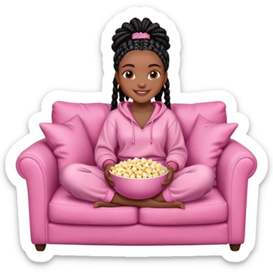 A dark-skinned Black woman with black box braids, holding a large bowl of popcorn in her lap, smiling, wearing comfy loungewear sitting on pink couch. sticker