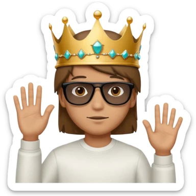 Un niño con cabello lacio no muy largo color marrón castaño,ojos marrones,piel no muy blanca, que tenga lentes de sol color negro,reloj en la mano derecha y una corona como sombrero sticker