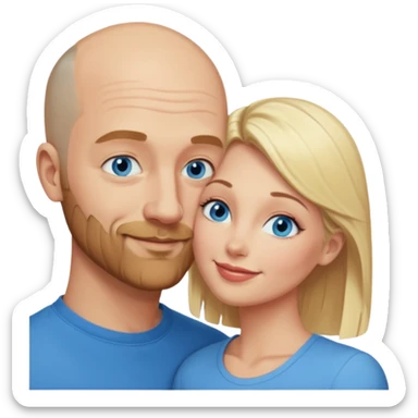 middle age bald man with scruff, blue eyes a.  Kissing blonde woman with blue eyes sticker