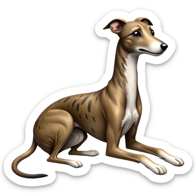cinematic-[brindle greyhound]-realistic-full-body-sitting-emoji,-tail-resting-loosely-beside-its-paws,-head-tilted-dramatically, -sleek-[brindle]-fur,-simplified-yet-realistic-focused-features,-highly-detailed,-glowing-with-an-almost-sarcastic-glow sticker