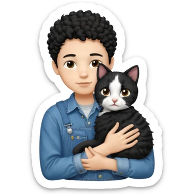 Apple emoji of a 13 year old boy with short black curly hair and dark brown eyes of light skin with denim shirt and overalls hugging a black and white cat sticker