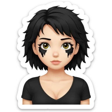 a pretty bratz fair girl with messy shaggy black hair with mascara smudged wearing a tight black tee sticker