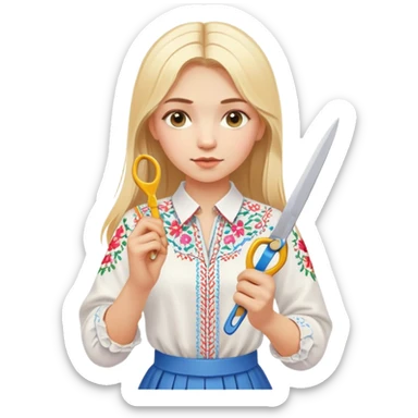 Ukrainian young girl with blonde hair in a white traditional embroidered shirt (vyshyvanka) holding scissors in one hand and colorful paper in the other hand sticker