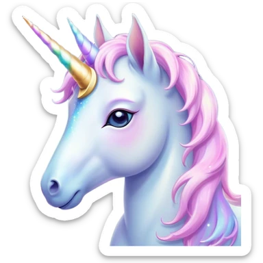 Beautiful and Majestic Unicorn Pony Portrait Emoji, Head and body radiating gentle magic with a soft pastel color, a delicately sparkling horn and eyes gently closed in peaceful wonder, Simplified yet exquisitely endearing features, highly detailed, glowing with a soft, ethereal light, high shine, serene and utterly majestic, stylized with an air of fairy-tale regality, soft glowing outline, capturing the essence of a beautiful and majestic unicorn pony that embodies the enchanting spirit of a dream! sticker