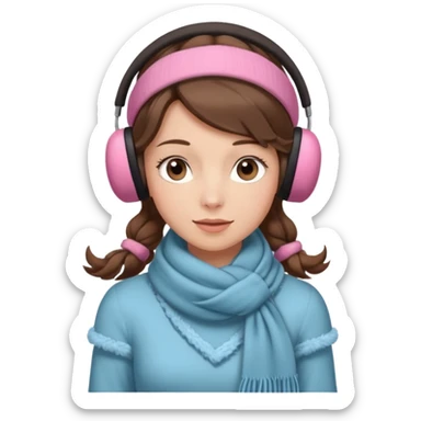 Victorian ice skater in a long dress. She is wearimg a scarf and earmuffs. She has boriwn hair. sticker