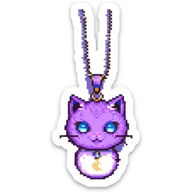 pixel art purple cat, black left eye, white pupils, moon pendant sticker
