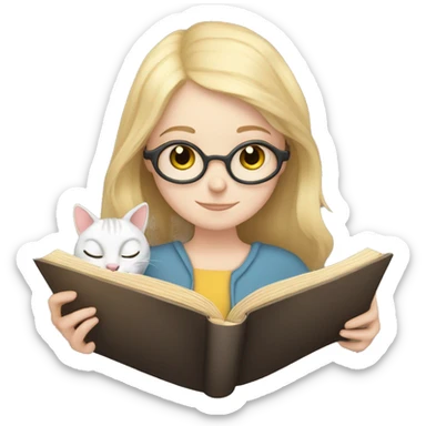 a pale skinned girl reading a book and a cat sticker