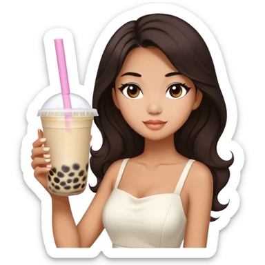 Beautiful woman in 1965’s woman fashion look, white dress, long dark brown hair, bubble tea sticker
