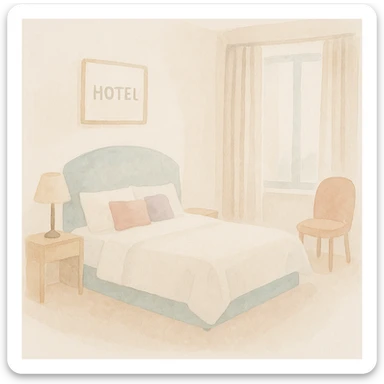 soft watercolor illustration in a minimalist modern style, pastel colors, delicate linework, gentle whimsical mood, minimal soft shading, single hotel room sticker