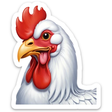 Cinematic Cute Yawning White Rooster Portrait Emoji, Head tilted slightly with a dramatic, wide-open yawn, showcasing a soft, downy white plumage with a crisp red comb and drooping wings, round eyes barely open in drowsy contentment, Simplified yet irresistibly adorable features, highly detailed, glowing with a soft, cozy glow, high shine, relaxed yet expressive, stylized with a touch of whimsy, bright and endearing, soft glowing outline, capturing the essence of a sleepy yet affectionate rooster, so drowsy it feels like it could stretch out of the screen and curl up for a nap! sticker