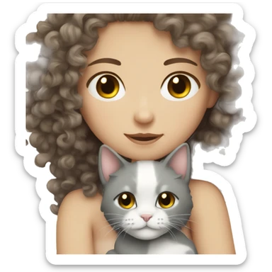 White Girl curly brunette hair cuddling with grey cat sticker