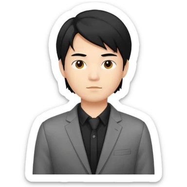 asian young man with mid-long black hair middle part haircut in grey blazer and black t-shirt  sticker