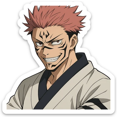 Ryomen Sukuna inspired by Jujutsu Kaisen, menacing expression, iconic markings, spiky hair, anime style sticker