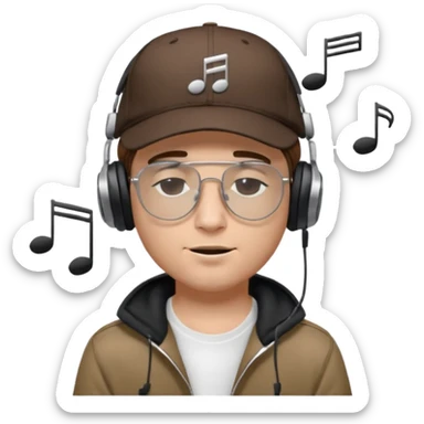 dj man white with baseball cap - rayban glasses - brown hair - closed eyes with headphones on with musical note over head (listening to music ) sticker