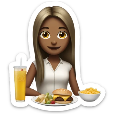 a girl who has a  medium skin looks stylish with long straight hair enjoys drinking and eating sticker