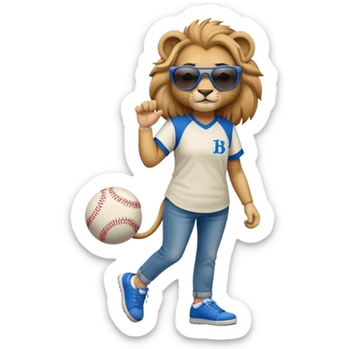 confident anthropomorphised female lion wearing a baseball shirt, jeans, trainers, dark sunglasses, walking upright, looking self-assured sticker
