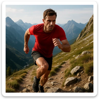 a mountain trail runner running uphill, determined expression, mountain landscape sticker