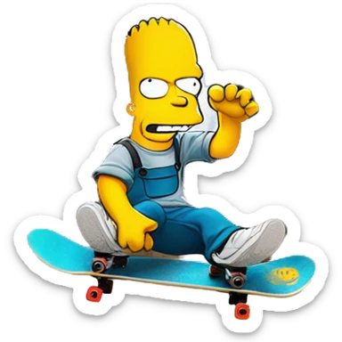 Bart Simpson, skateboard under his arm, poses in front of a graffiti-covered wall. He's giving the camera a playful smirk sticker