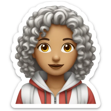 a west eastern tenage curly girl wearing a white hoodie working on a laptop sticker