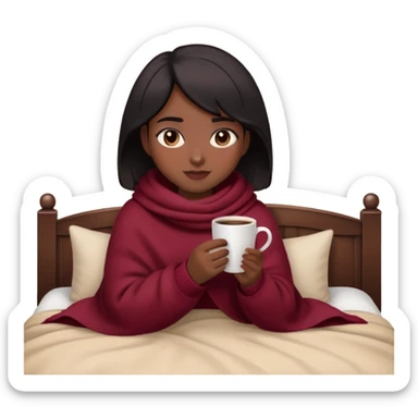A cozy Apple-style emoji of a girl with short black hair, wearing a burgundy sweater, wrapped in a soft blanket, and holding a warm cup of coffee. Her skin tone is a bit darker than olive, and she’s wearing mascara. She looks relaxed and cute, with a warm and peaceful vibe sticker