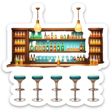A 3D cartoon bar interior with bottles on glass shelves, counter lighting, high stools, and glowing drink glasses, warm ambient light, realistic Memoji-style. sticker