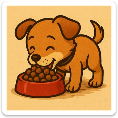 Make the dog a cute puppy eating dog food, keep the same style as the original image. sticker