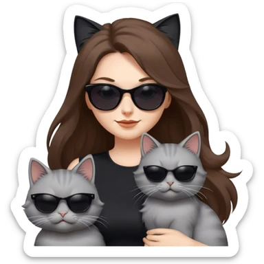 White woman with long brown hair wearing dark sunglasses and a black dress. She is smirking. next to her is a fluffy light grey cat who is also wearing dark sunglasses. The wind is blowing their hair and they are having fun sticker