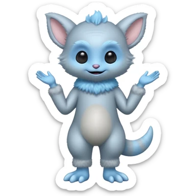 full body ...cute peacefull alien furry with 2 legs ....it has 1 eye....stands upright and looks intelligent ...wears clothing. is light grey and light blue..looks happy and cuddly... doesnt have eyes on face, there is a appendage coming from top of head with a single large eye sticker