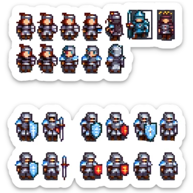 pixel art sprite sheet of a knight idle and walking animation frames 8-bit NES style sticker