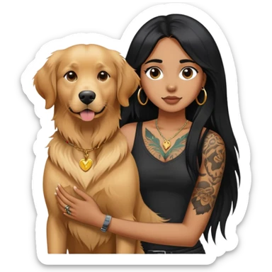 brown girl with long black  straight hair and chest tattoos and  a golden retriever sticker