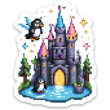 penguin wizard with magical sparkles, a unicorn, fairy, and tiny goblin companion in a pixelated fantasy world with a floating castle sticker