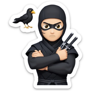 clash-of-clans-aesthetic_-cinematic-mysterious-male-ninja-portrait-emoji, rendered in a flat, vector-style with minimal shading and bold, simplified shapes, his arm is stretched out  with a head slightly turned revealing intense, focused eyes. the ninja has his arm out and perched on top of his forearm is  a black crow sticker
