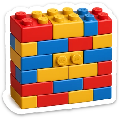 Create multiple walls made of LEGO bricks using blue, yellow, and red bricks. Each wall should show a mix of the three colors with a playful and vibrant look. The style should resemble the 3D emoji style shown in the reference image. Remove the background. sticker