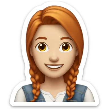 redhead white woman with medium long straight hair, greets smiling, with jeans and romantic blouse sticker